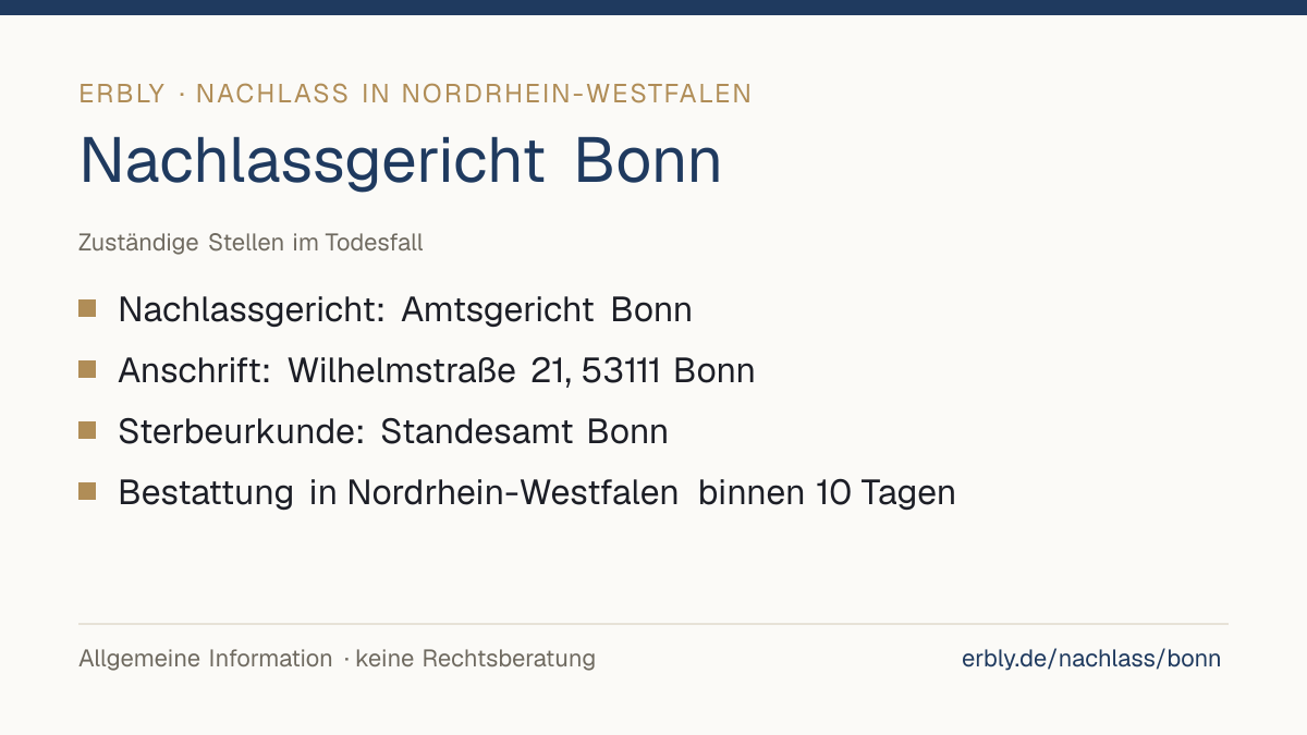 Nachlassgericht Bonn – das Wichtigste: Nachlassgericht: Amtsgericht Bonn; Anschrift: Wilhelmstraße 21, 53111 Bonn; Sterbeurkunde: Standesamt Bonn; Bestattung in Nordrhein-Westfalen binnen 10 Tagen