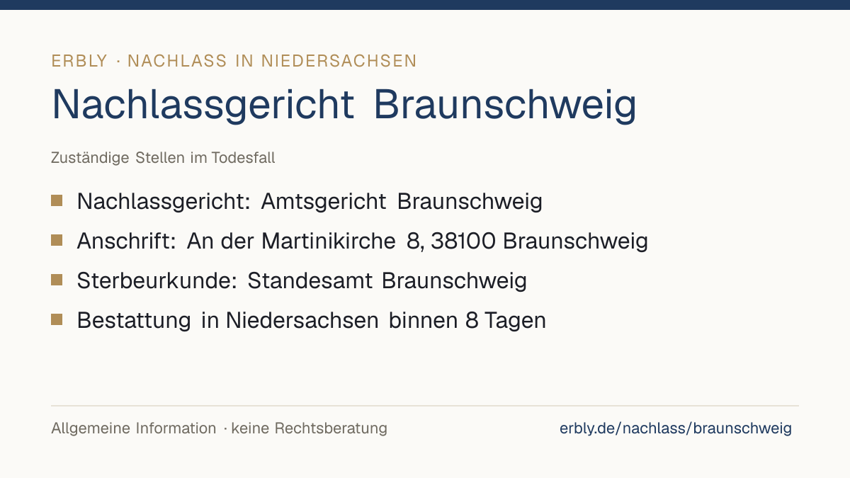 Nachlassgericht Braunschweig – das Wichtigste: Nachlassgericht: Amtsgericht Braunschweig; Anschrift: An der Martinikirche 8, 38100 Braunschweig; Sterbeurkunde: Standesamt Braunschweig; Bestattung in Niedersachsen binnen 8 Tagen