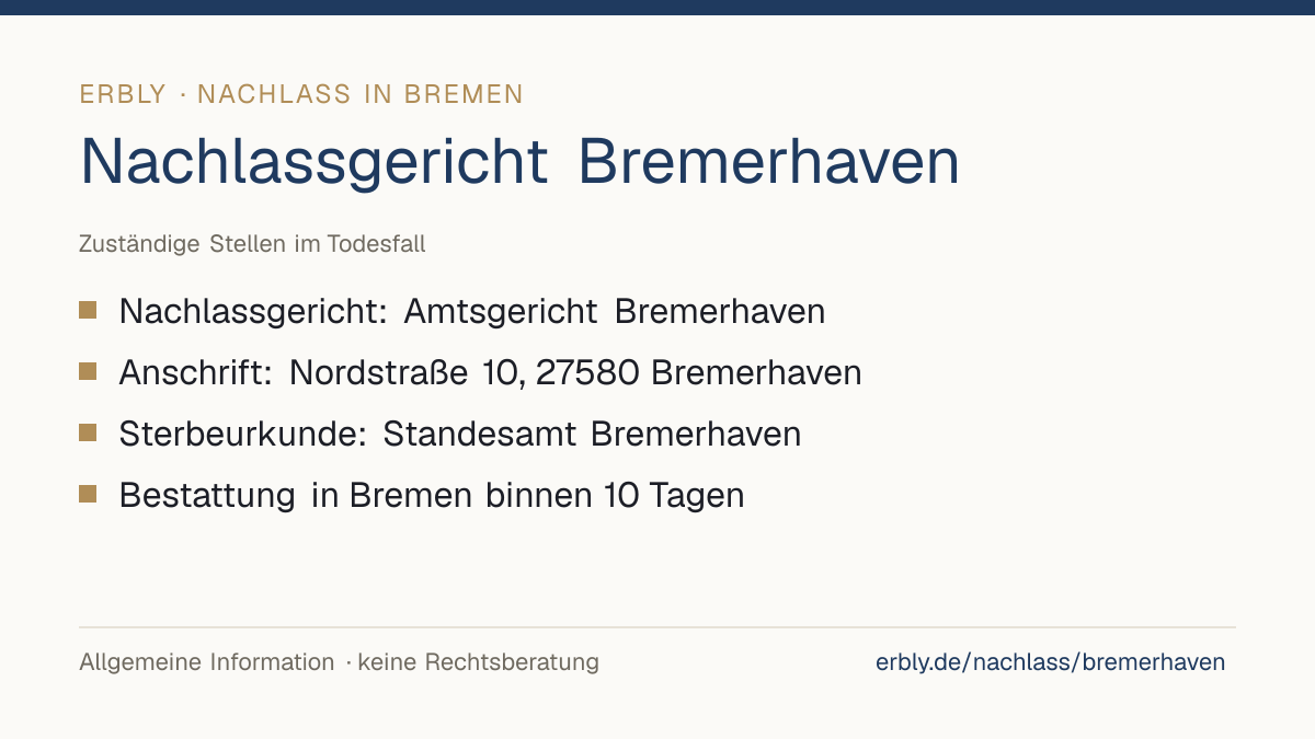 Nachlassgericht Bremerhaven – das Wichtigste: Nachlassgericht: Amtsgericht Bremerhaven; Anschrift: Nordstraße 10, 27580 Bremerhaven; Sterbeurkunde: Standesamt Bremerhaven; Bestattung in Bremen binnen 10 Tagen