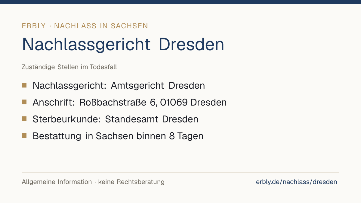 Nachlassgericht Dresden – das Wichtigste: Nachlassgericht: Amtsgericht Dresden; Anschrift: Roßbachstraße 6, 01069 Dresden; Sterbeurkunde: Standesamt Dresden; Bestattung in Sachsen binnen 8 Tagen