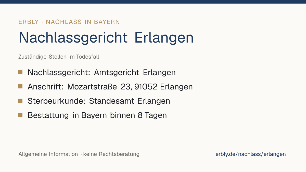 Nachlassgericht Erlangen – das Wichtigste: Nachlassgericht: Amtsgericht Erlangen; Anschrift: Mozartstraße 23, 91052 Erlangen; Sterbeurkunde: Standesamt Erlangen; Bestattung in Bayern binnen 8 Tagen