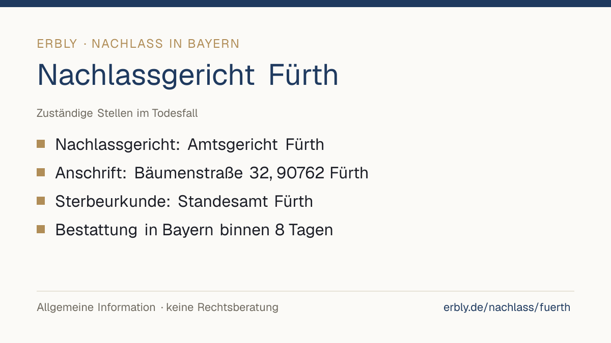 Nachlassgericht Fürth – das Wichtigste: Nachlassgericht: Amtsgericht Fürth; Anschrift: Bäumenstraße 32, 90762 Fürth; Sterbeurkunde: Standesamt Fürth; Bestattung in Bayern binnen 8 Tagen