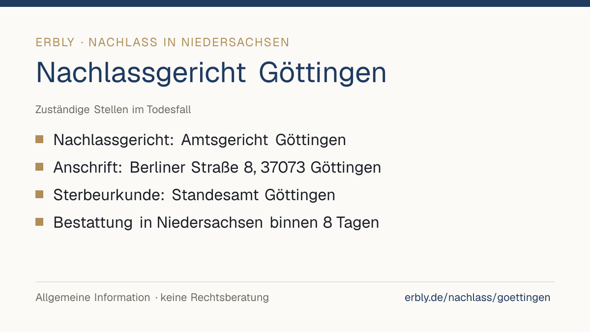 Nachlassgericht Göttingen – das Wichtigste: Nachlassgericht: Amtsgericht Göttingen; Anschrift: Berliner Straße 8, 37073 Göttingen; Sterbeurkunde: Standesamt Göttingen; Bestattung in Niedersachsen binnen 8 Tagen