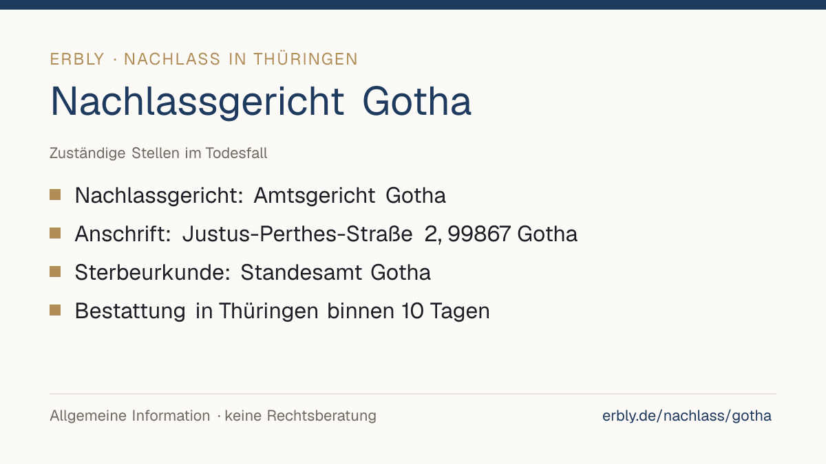 Nachlassgericht Gotha – das Wichtigste: Nachlassgericht: Amtsgericht Gotha; Anschrift: Justus-Perthes-Straße 2, 99867 Gotha; Sterbeurkunde: Standesamt Gotha; Bestattung in Thüringen binnen 10 Tagen