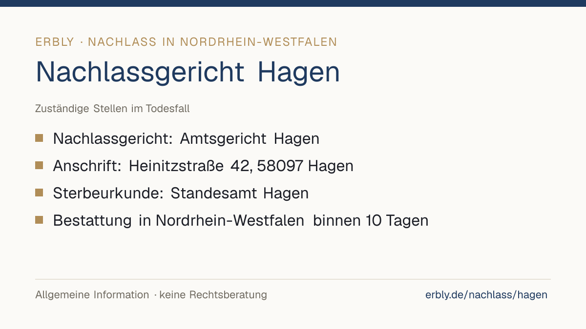 Nachlassgericht Hagen – das Wichtigste: Nachlassgericht: Amtsgericht Hagen; Anschrift: Heinitzstraße 42, 58097 Hagen; Sterbeurkunde: Standesamt Hagen; Bestattung in Nordrhein-Westfalen binnen 10 Tagen