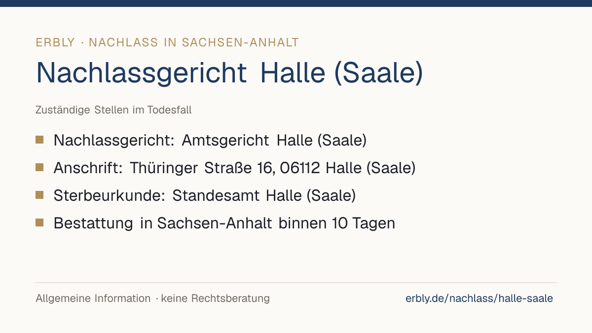 Nachlassgericht Halle (Saale) – das Wichtigste: Nachlassgericht: Amtsgericht Halle (Saale); Anschrift: Thüringer Straße 16, 06112 Halle (Saale); Sterbeurkunde: Standesamt Halle (Saale); Bestattung in Sachsen-Anhalt binnen 10 Tagen