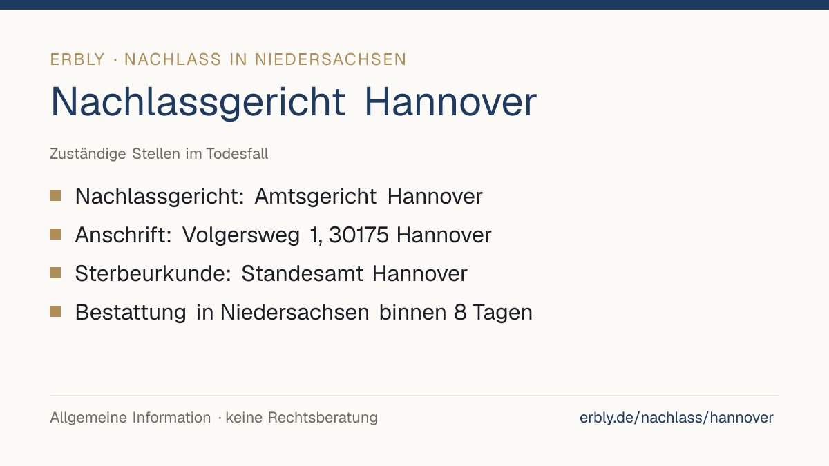 Nachlassgericht Hannover – das Wichtigste: Nachlassgericht: Amtsgericht Hannover; Anschrift: Volgersweg 1, 30175 Hannover; Sterbeurkunde: Standesamt Hannover; Bestattung in Niedersachsen binnen 8 Tagen