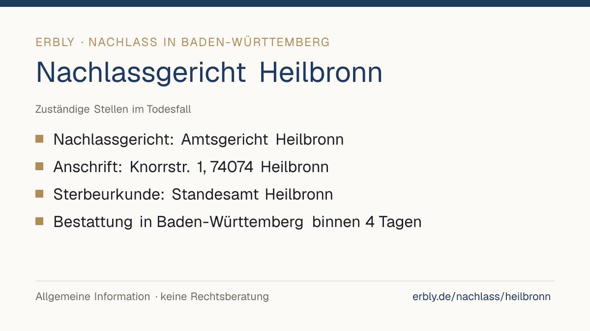 Nachlassgericht Heilbronn – das Wichtigste: Nachlassgericht: Amtsgericht Heilbronn; Anschrift: Knorrstr. 1, 74074 Heilbronn; Sterbeurkunde: Standesamt Heilbronn; Bestattung in Baden-Württemberg binnen 4 Tagen