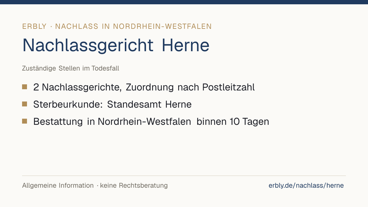 Nachlassgericht Herne – das Wichtigste: 2 Nachlassgerichte, Zuordnung nach Postleitzahl; Sterbeurkunde: Standesamt Herne; Bestattung in Nordrhein-Westfalen binnen 10 Tagen