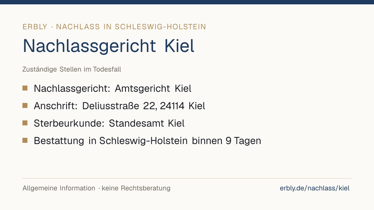 Nachlassgericht Kiel – das Wichtigste: Nachlassgericht: Amtsgericht Kiel; Anschrift: Deliusstraße 22, 24114 Kiel; Sterbeurkunde: Standesamt Kiel; Bestattung in Schleswig-Holstein binnen 9 Tagen