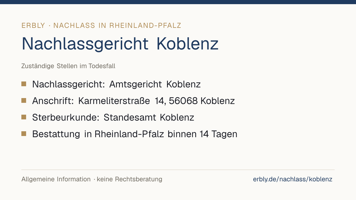 Nachlassgericht Koblenz – das Wichtigste: Nachlassgericht: Amtsgericht Koblenz; Anschrift: Karmeliterstraße 14, 56068 Koblenz; Sterbeurkunde: Standesamt Koblenz; Bestattung in Rheinland-Pfalz binnen 14 Tagen