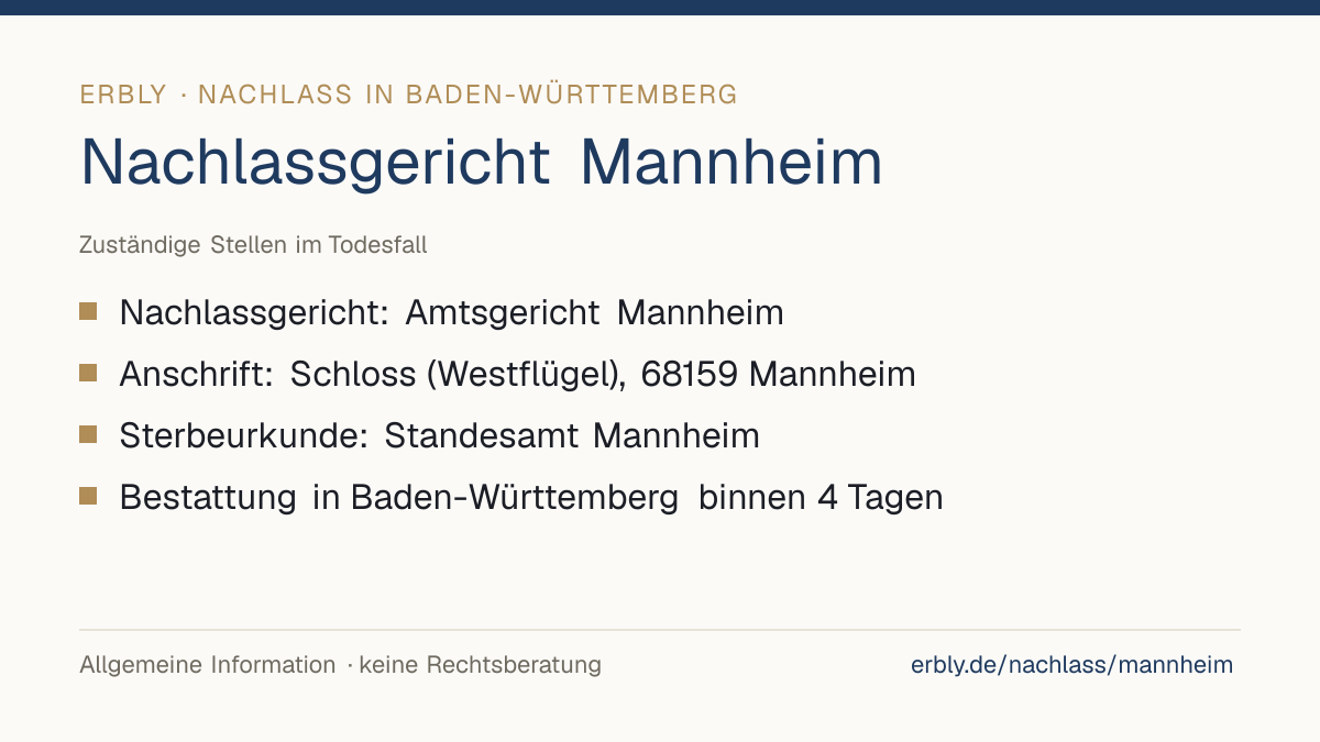 Nachlassgericht Mannheim – das Wichtigste: Nachlassgericht: Amtsgericht Mannheim; Anschrift: Schloss (Westflügel), 68159 Mannheim; Sterbeurkunde: Standesamt Mannheim; Bestattung in Baden-Württemberg binnen 4 Tagen