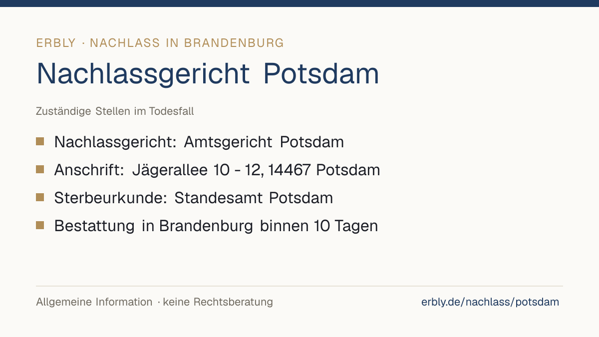 Nachlassgericht Potsdam – das Wichtigste: Nachlassgericht: Amtsgericht Potsdam; Anschrift: Jägerallee 10 - 12, 14467 Potsdam; Sterbeurkunde: Standesamt Potsdam; Bestattung in Brandenburg binnen 10 Tagen