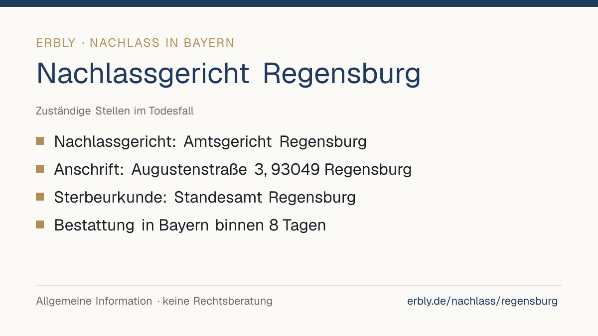 Nachlassgericht Regensburg – das Wichtigste: Nachlassgericht: Amtsgericht Regensburg; Anschrift: Augustenstraße 3, 93049 Regensburg; Sterbeurkunde: Standesamt Regensburg; Bestattung in Bayern binnen 8 Tagen