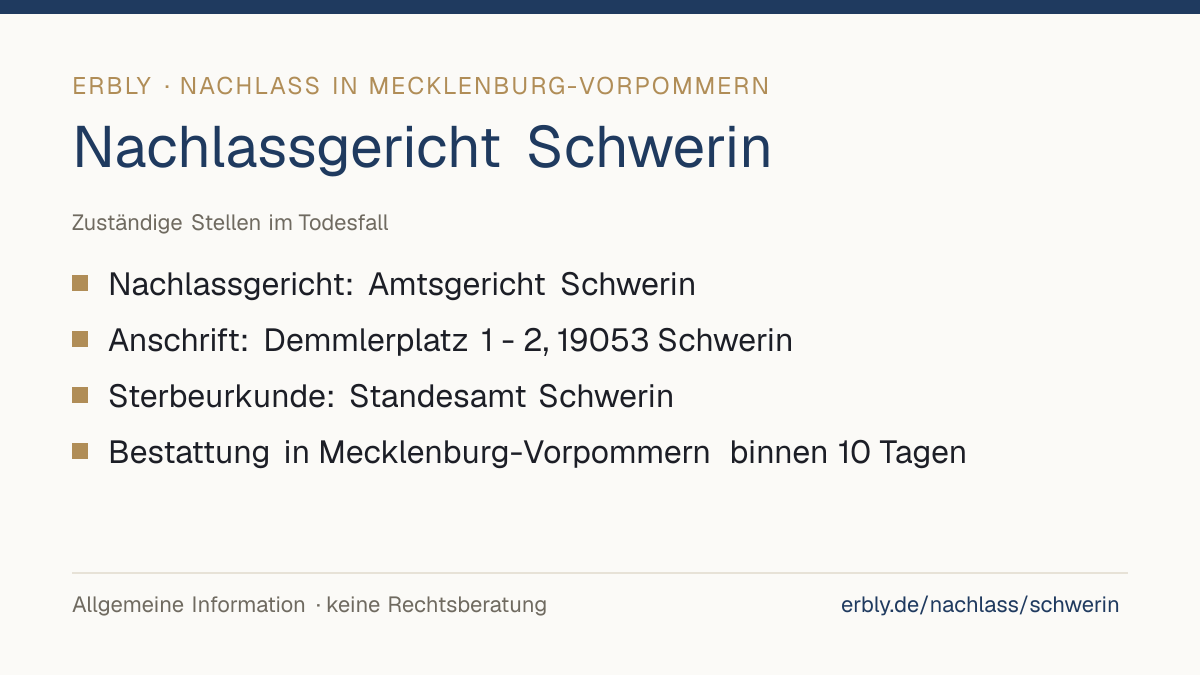 Nachlassgericht Schwerin – das Wichtigste: Nachlassgericht: Amtsgericht Schwerin; Anschrift: Demmlerplatz 1 - 2, 19053 Schwerin; Sterbeurkunde: Standesamt Schwerin; Bestattung in Mecklenburg-Vorpommern binnen 10 Tagen