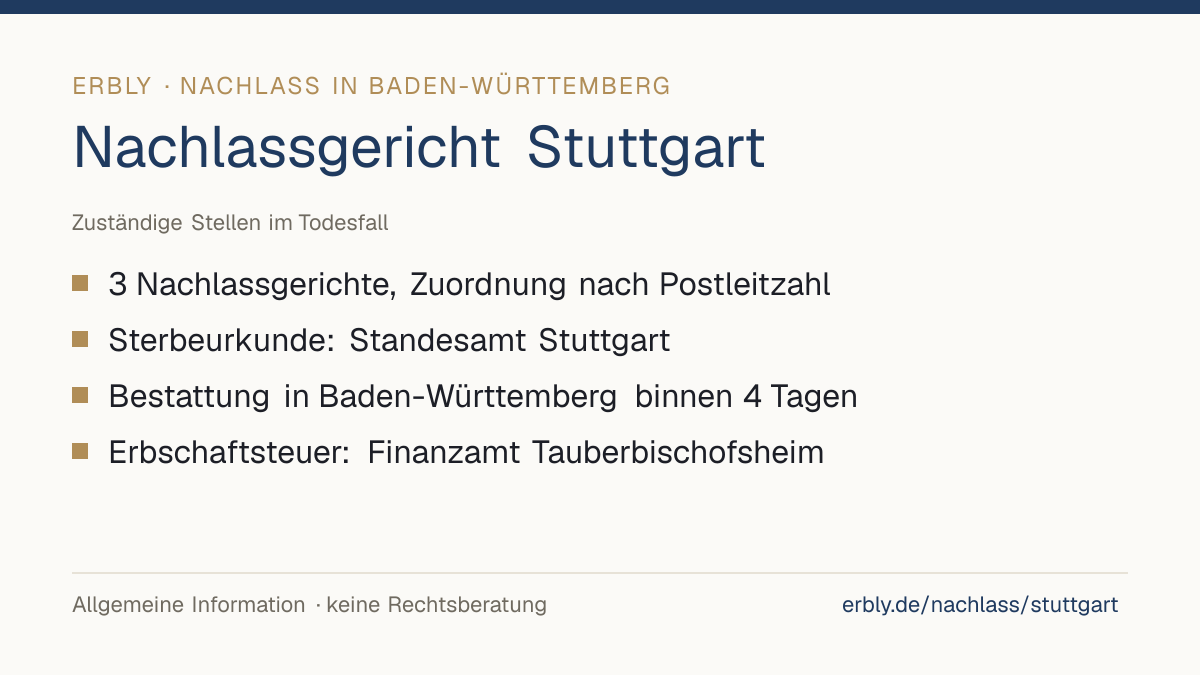 Nachlassgericht Stuttgart – das Wichtigste: 3 Nachlassgerichte, Zuordnung nach Postleitzahl; Sterbeurkunde: Standesamt Stuttgart; Bestattung in Baden-Württemberg binnen 4 Tagen; Erbschaftsteuer: Finanzamt Tauberbischofsheim