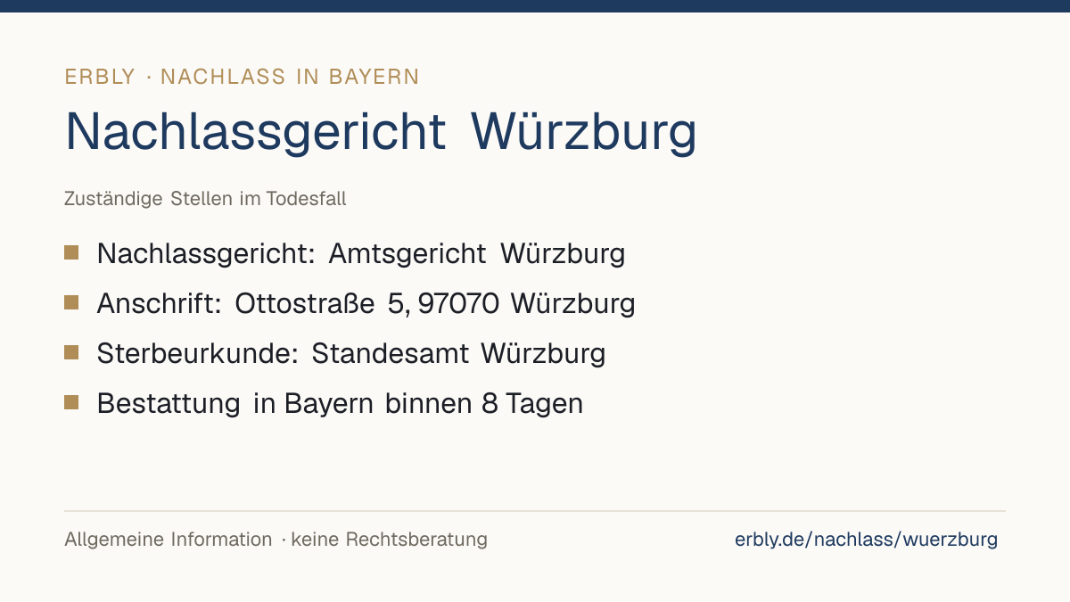 Nachlassgericht Würzburg – das Wichtigste: Nachlassgericht: Amtsgericht Würzburg; Anschrift: Ottostraße 5, 97070 Würzburg; Sterbeurkunde: Standesamt Würzburg; Bestattung in Bayern binnen 8 Tagen