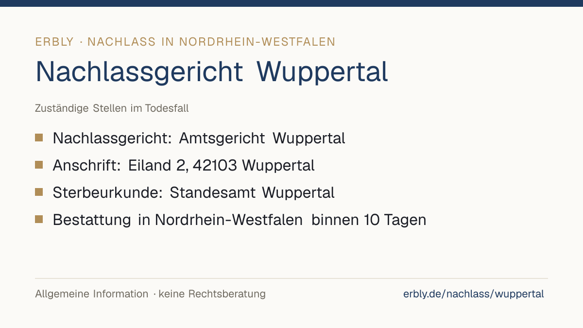 Nachlassgericht Wuppertal – das Wichtigste: Nachlassgericht: Amtsgericht Wuppertal; Anschrift: Eiland 2, 42103 Wuppertal; Sterbeurkunde: Standesamt Wuppertal; Bestattung in Nordrhein-Westfalen binnen 10 Tagen