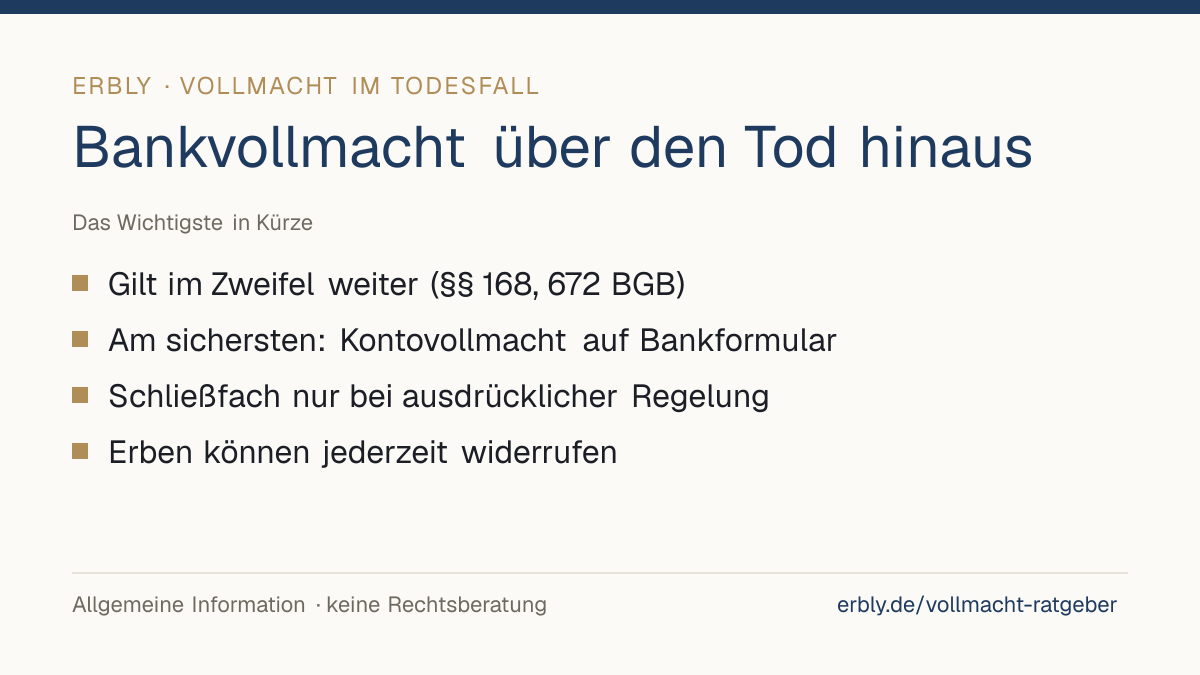 Bankvollmacht über den Tod hinaus – das Wichtigste: gilt im Zweifel weiter (§§ 168, 672 BGB), Bankformular am sichersten, Schließfach nur bei ausdrücklicher Regelung, Erben können widerrufen
