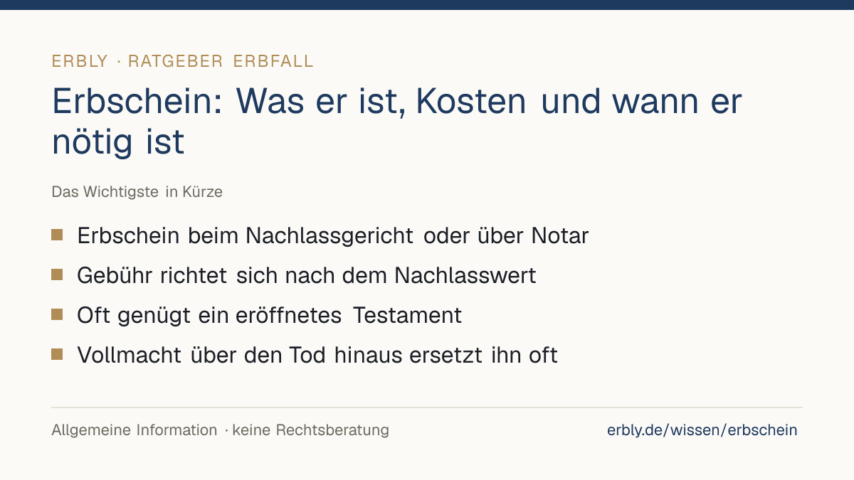 Erbschein: Was er ist, Kosten und wann er nötig ist – das Wichtigste: Erbschein beim Nachlassgericht oder über Notar; Gebühr richtet sich nach dem Nachlasswert; Oft genügt ein eröffnetes Testament; Vollmacht über den Tod hinaus ersetzt ihn oft