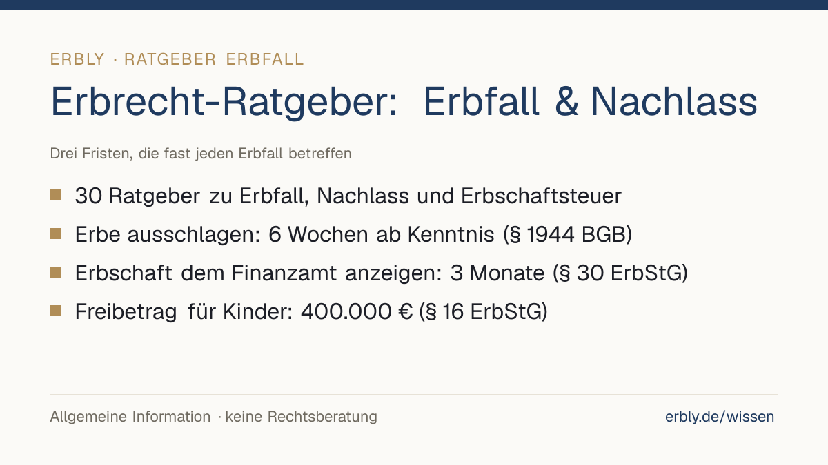 Erbrecht-Ratgeber: Erbfall & Nachlass – das Wichtigste: 30 Ratgeber zu Erbfall, Nachlass und Erbschaftsteuer; Erbe ausschlagen: 6 Wochen ab Kenntnis (§ 1944 BGB); Erbschaft dem Finanzamt anzeigen: 3 Monate (§ 30 ErbStG); Freibetrag für Kinder: 400.000 € (§ 16 ErbStG)